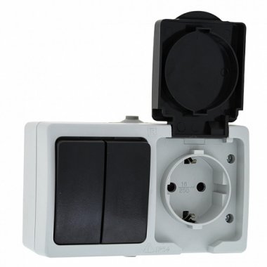 Фотография товара 'EKF Блок розетка-выключатель, 2 клавиши, 16А, с крышкой IP54 PROxima EVRV16-052-30-540'