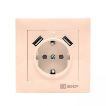 Фотография товара 'EKF Валенсия розетка 1-местная с/з 16А кремовая с защитными шторками с 2 USB 2,1А EWR16-028-20-2USB'