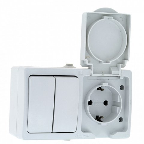 Фотография товара 'EKF Блок розетка-выключатель, 2 клавиши, 16А, с крышкой IP54 PROxima EVRV16-052-10-540'