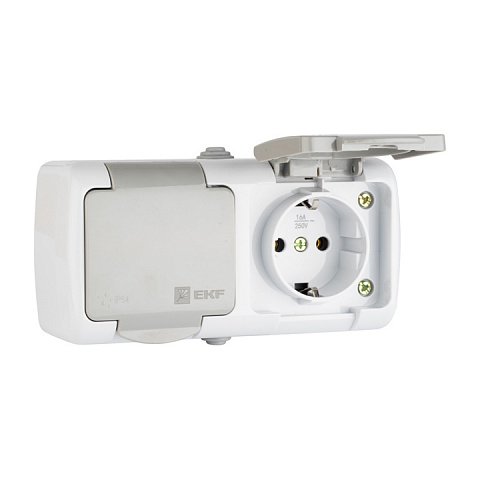 Фотография товара 'EKF Розетка 2-местная, 16А, с заземлением, с крышкой, IP54, с защитными шторками EFR16-129-30-54'