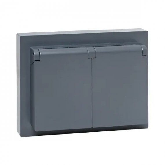 Фотография товара 'EKF UP1-SOG-211-44 Механизм розетки двойной, 16А, IP44, с заземлением, со шторками, с рамкой'