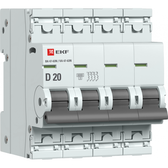Фотография товара 'EKF M636420D Автоматический выключатель 4P 20А (D) 6кА ВА 47-63N PROxima'