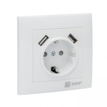 Фотография товара 'EKF Валенсия розетка 1-местная с/з 16А белая с защитными шторками с 2 USB 2,1А EWR16-028-10-2USB'
