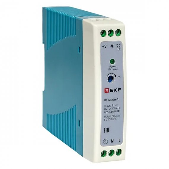 Фотография товара 'EKF DR-M-20W-5 Блок питания на дин рейку 20Вт,Uвх ~ 220 В AC m, Uвых - 5 В DC'