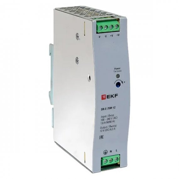 Фотография товара 'EKF DR-E-75W-12 Блок питания на дин рейку 75Вт,Uвх ~ 220 В AC, Uвых - 12 В DC'