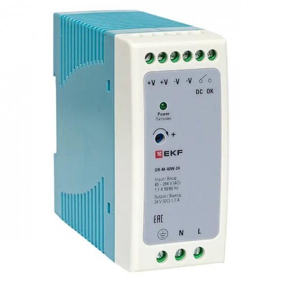 Фотография товара 'EKF DR-M-40W-24 Блок питания на дин рейку 40Вт,Uвх ~ 220 В AC m, Uвых - 24 В DC'