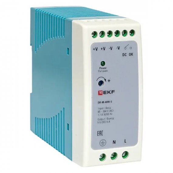 Фотография товара 'EKF DR-M-40W-5 Блок питания на дин рейку 40Вт,Uвх ~ 240 В AC m, Uвых - 5 В DC'